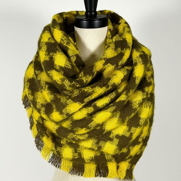 Anthropologie Accessories - Maeve Anthropologie Blanket Wrap Scarf Yellow Gray Houndstooth Plaid Fringe